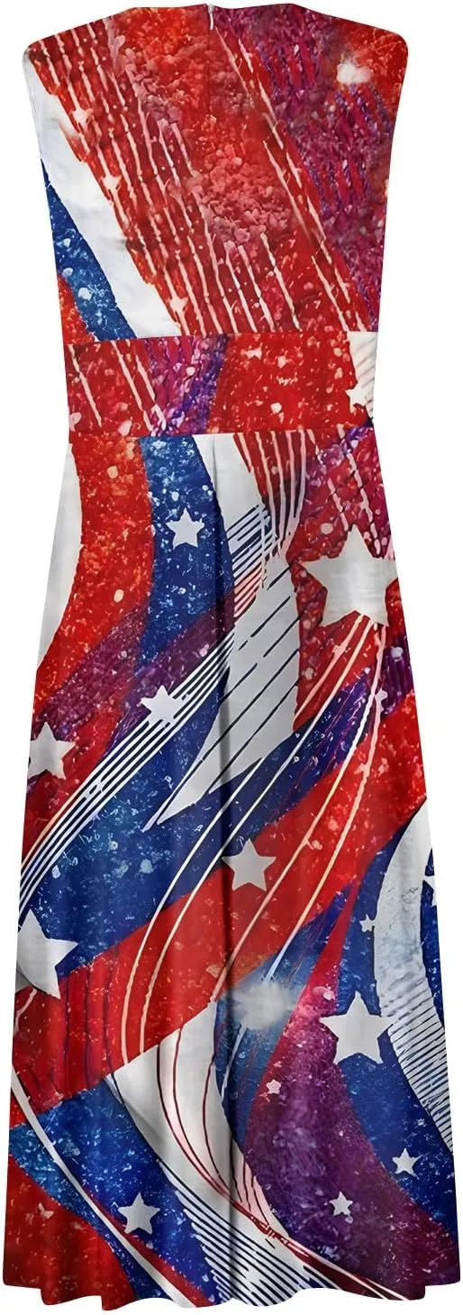 Summer Dresses for Women 2024 Elegant Wrap V Neck Sleeveless Marble Printed Sundress Flowy Swing Beach Resort Wear