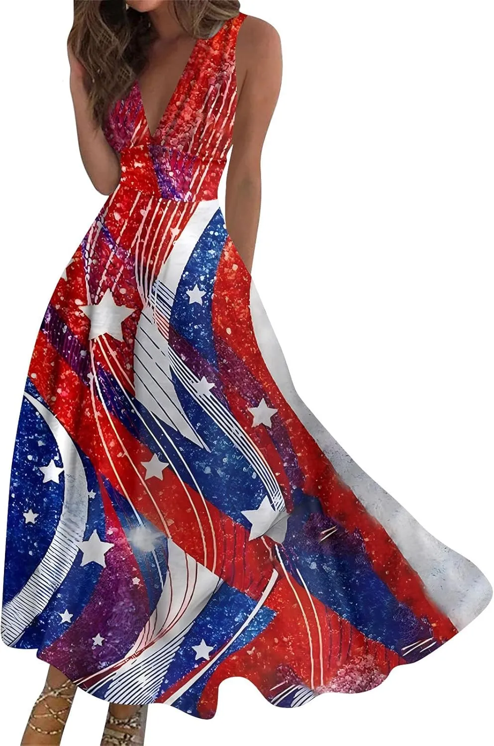 Summer Dresses for Women 2024 Elegant Wrap V Neck Sleeveless Marble Printed Sundress Flowy Swing Beach Resort Wear