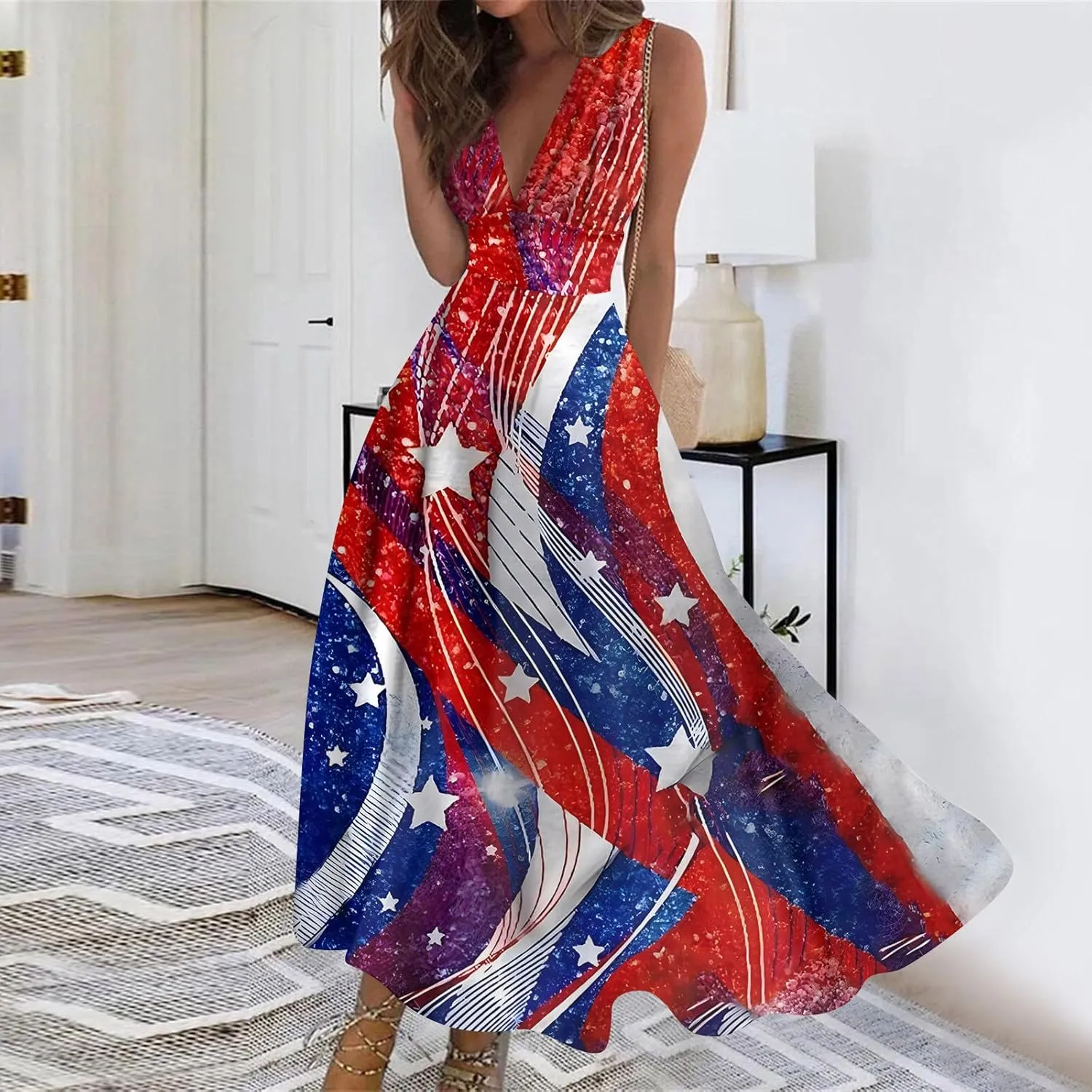 Summer Dresses for Women 2024 Elegant Wrap V Neck Sleeveless Marble Printed Sundress Flowy Swing Beach Resort Wear
