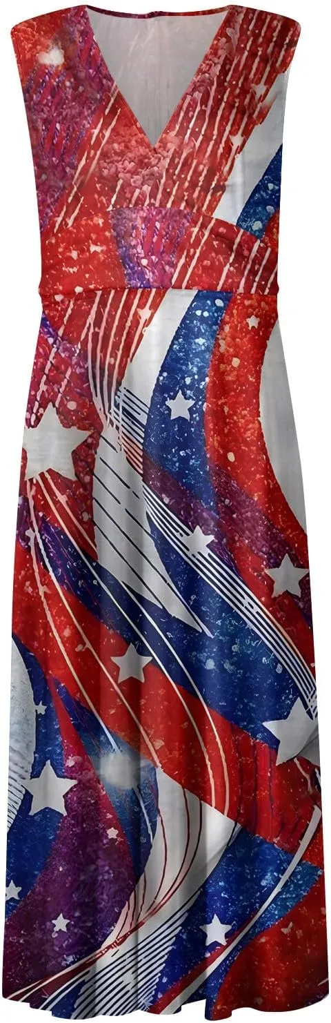 Summer Dresses for Women 2024 Elegant Wrap V Neck Sleeveless Marble Printed Sundress Flowy Swing Beach Resort Wear