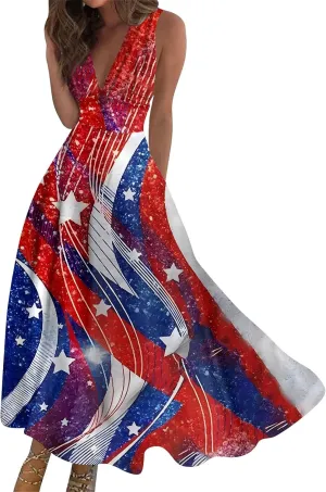 Summer Dresses for Women 2024 Elegant Wrap V Neck Sleeveless Marble Printed Sundress Flowy Swing Beach Resort Wear