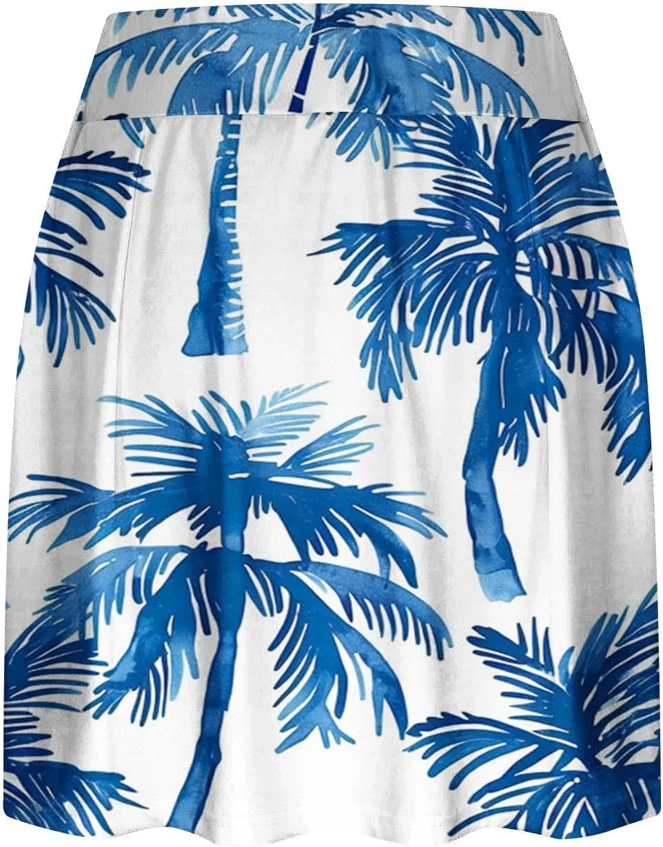 Womens Shorts Summer Fashion Hawaiian Leaf Print High Waisted Running Yoga Comfy Vacation Fake Two Skirt Shorts