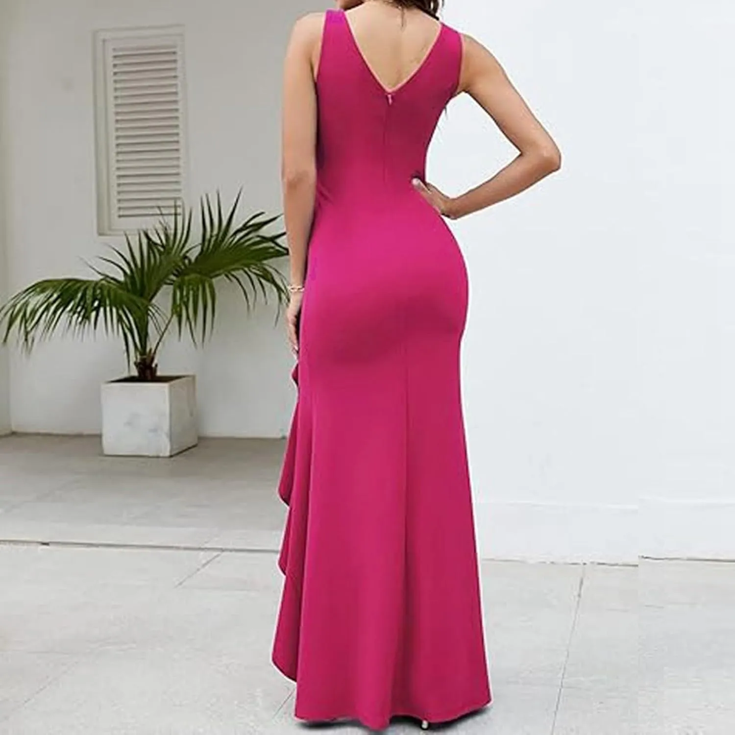Women's Split Bodycon Evening Cocktail Long Dress Wrap V Neck Sleeveless Ruched Formal Dress Ruffle Hem Maxi Dress