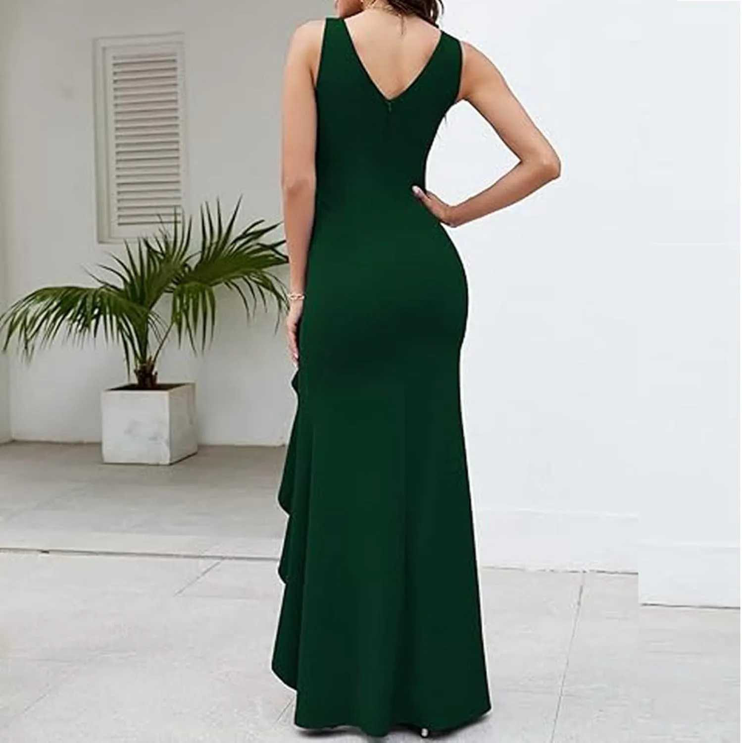 Women's Split Bodycon Evening Cocktail Long Dress Wrap V Neck Sleeveless Ruched Formal Dress Ruffle Hem Maxi Dress