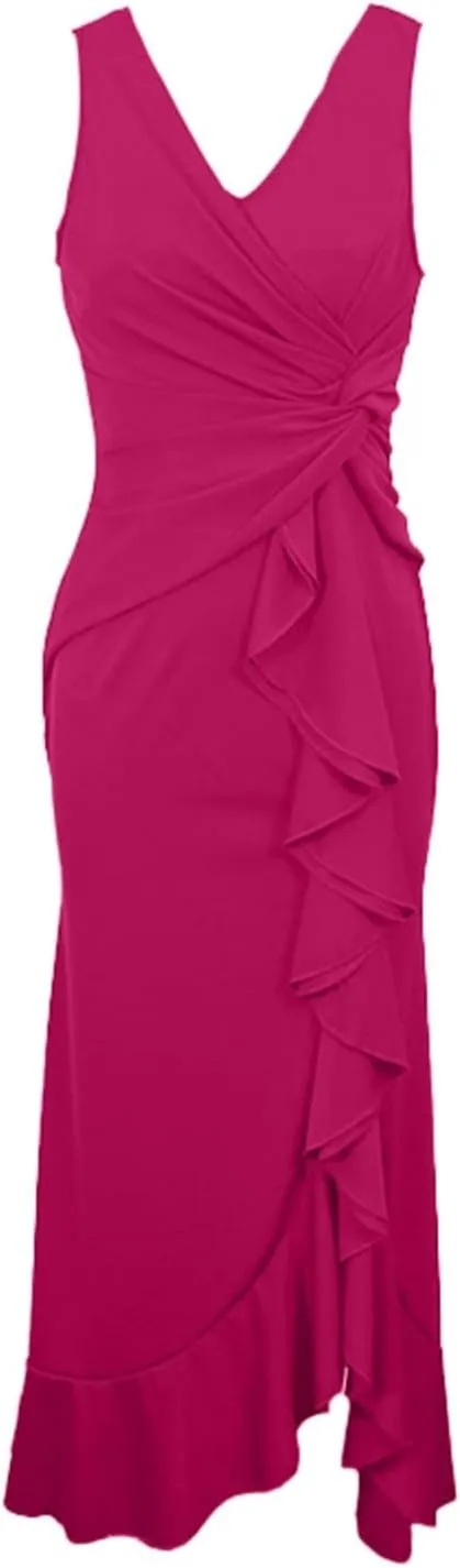Women's Split Bodycon Evening Cocktail Long Dress Wrap V Neck Sleeveless Ruched Formal Dress Ruffle Hem Maxi Dress