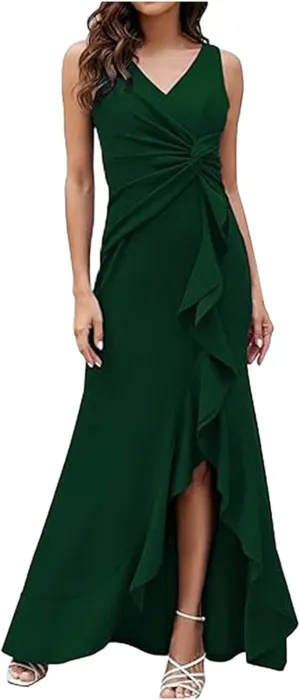 Women's Split Bodycon Evening Cocktail Long Dress Wrap V Neck Sleeveless Ruched Formal Dress Ruffle Hem Maxi Dress