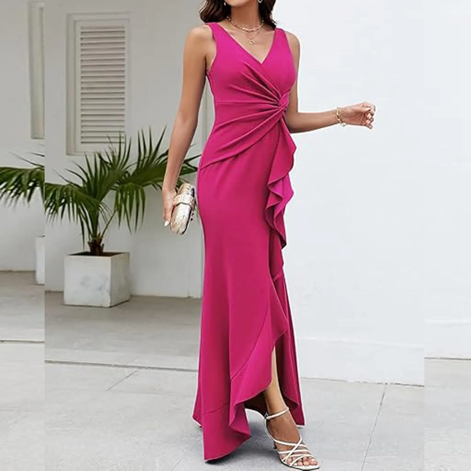 Women's Split Bodycon Evening Cocktail Long Dress Wrap V Neck Sleeveless Ruched Formal Dress Ruffle Hem Maxi Dress