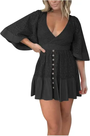 Womens Summer Dresses 2025 Vintage Short Sleeve V Neck Wrap Mini Dress Casual Ruffled Hem A-Line Flowy Beach Dress