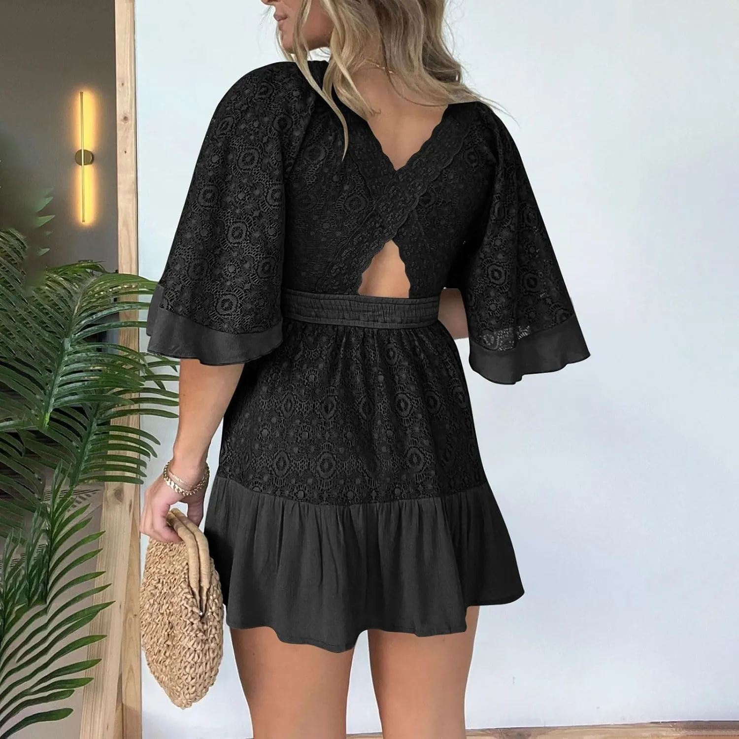 Womens Summer Dresses 2025 Vintage Short Sleeve V Neck Wrap Mini Dress Casual Ruffled Hem A-Line Flowy Beach Dress