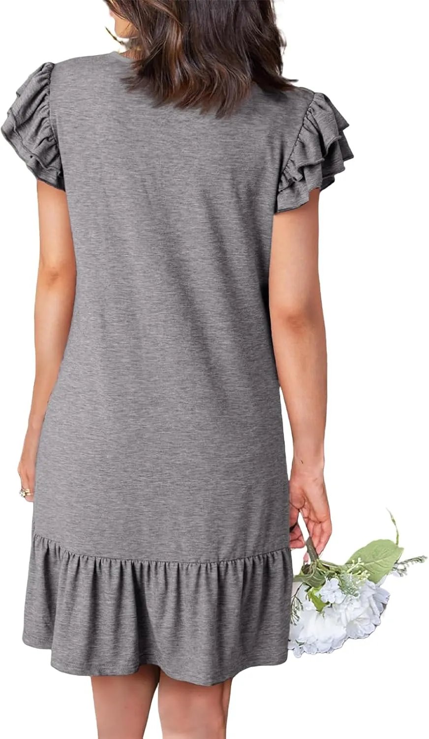 Women's Summer Dresses Ruffle Short Sleeve Smocked V Neck Mini Dress Casual Loose A-Line Swing Dress Cute Sundress