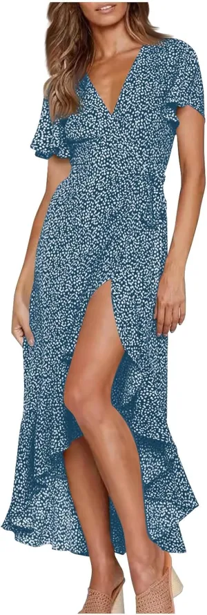 Women's Summer Wrap Dress Casual Boho Floral Short Sleeve V Neck Ruffle Hem Split Dresses Beach Wedding Long Dress