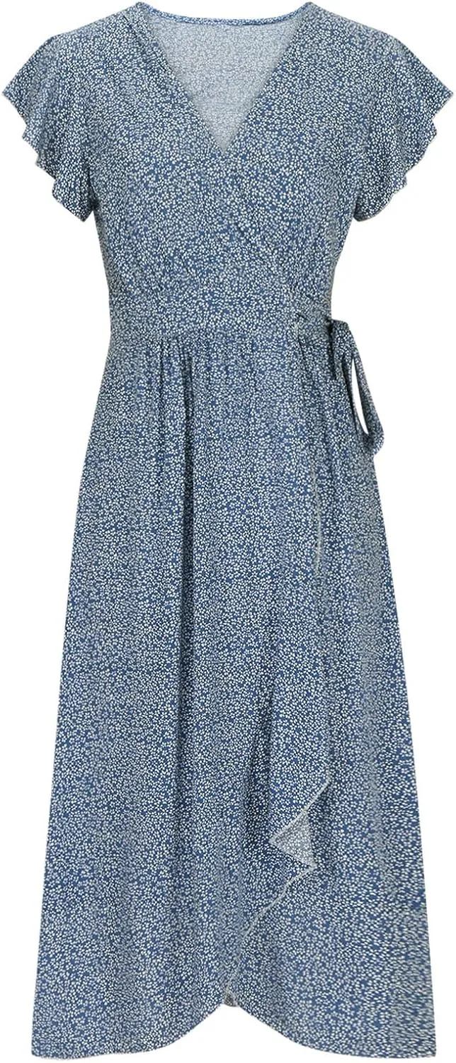 Women's Summer Wrap Dress Casual Boho Floral Short Sleeve V Neck Ruffle Hem Split Dresses Beach Wedding Long Dress