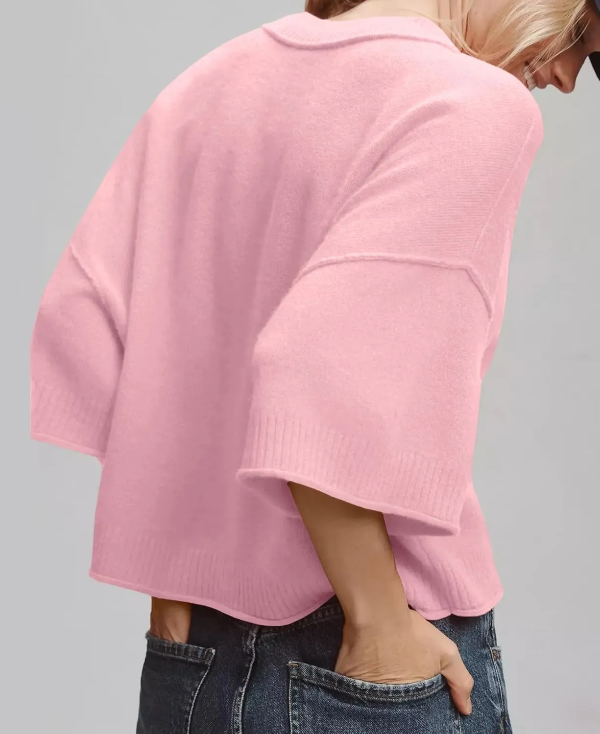 ZDC Women's Oversized Sweaters Summer 3/4 Sleeve Casual Cropped Tops Lightweight Loose Fit Knit Pullover