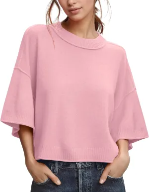 ZDC Women's Oversized Sweaters Summer 3/4 Sleeve Casual Cropped Tops Lightweight Loose Fit Knit Pullover