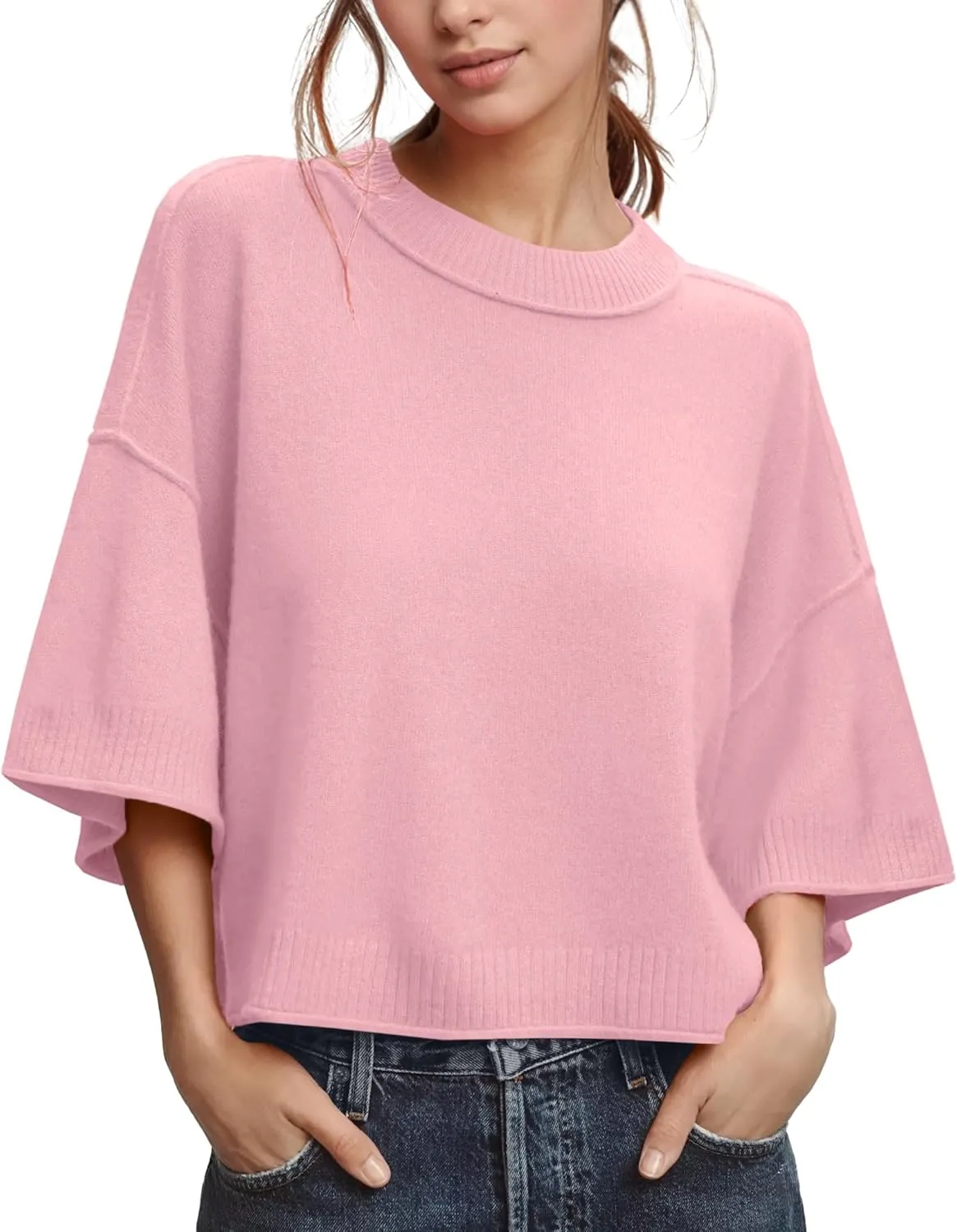 ZDC Women's Oversized Sweaters Summer 3/4 Sleeve Casual Cropped Tops Lightweight Loose Fit Knit Pullover